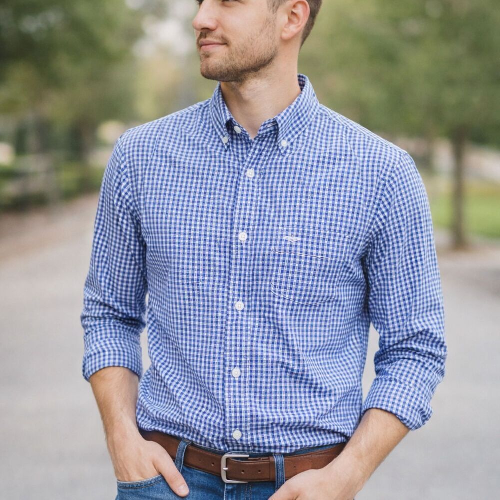 Dockers Mens S‎ Gingham Plaid Blue White Long Sleeve Button Up Collar Shirt E